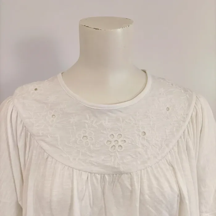 Tshirt blanc coton Neuf - T40 - été printemps basic broderie anglaise au col, manche courte froncés - photo numéro 6