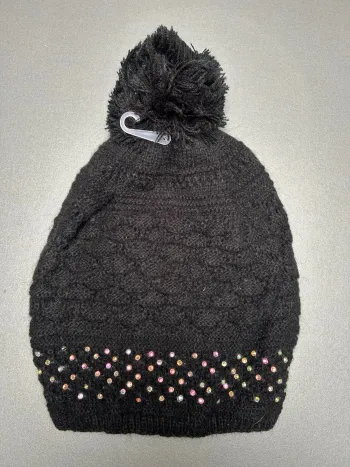 Bonnet noir à pompon et strasses neuf