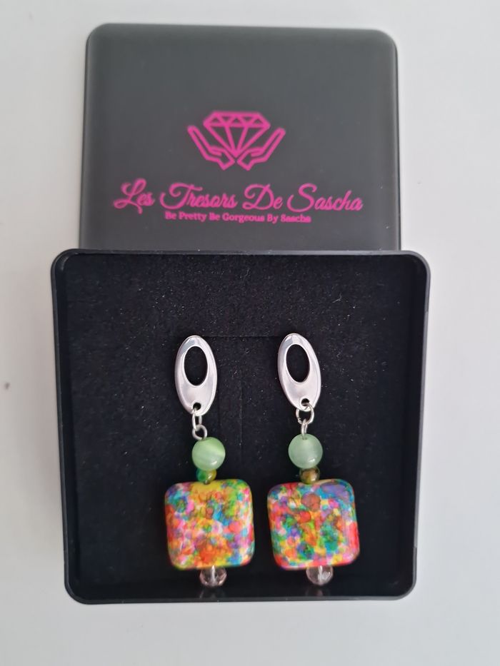 Boucles D'oreilles Pierres Naturelles Multicolore Pierres De Lune Vertes