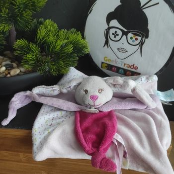 Doudou baby nat plat lapin rose mauve gris  fuschia BN912 Noeud Papillon #geektradedoudou