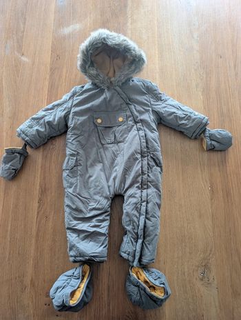 Combi pilote à capuche moufles et pied kaki et moutarde 18 mois