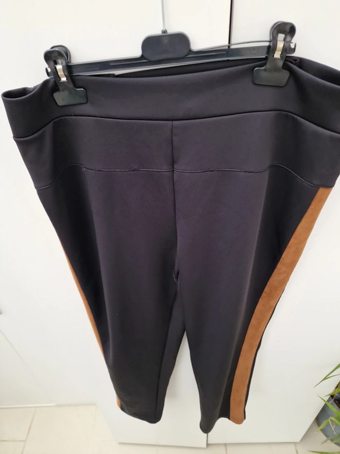 Pantalon Legging Bi Matières Noir Avec Bandes Marron - photo numéro 2