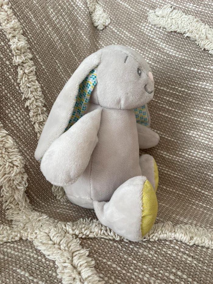 Peluche doudou 21cm Luc et Léa lapin gris et bleu vert très bon état - photo numéro 2