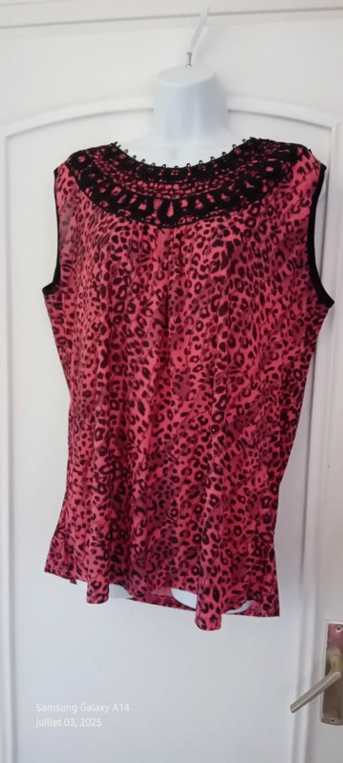 Tunique débardeur longue motif léopard avec broderies fuschia et noir femme XXL - photo numéro 9