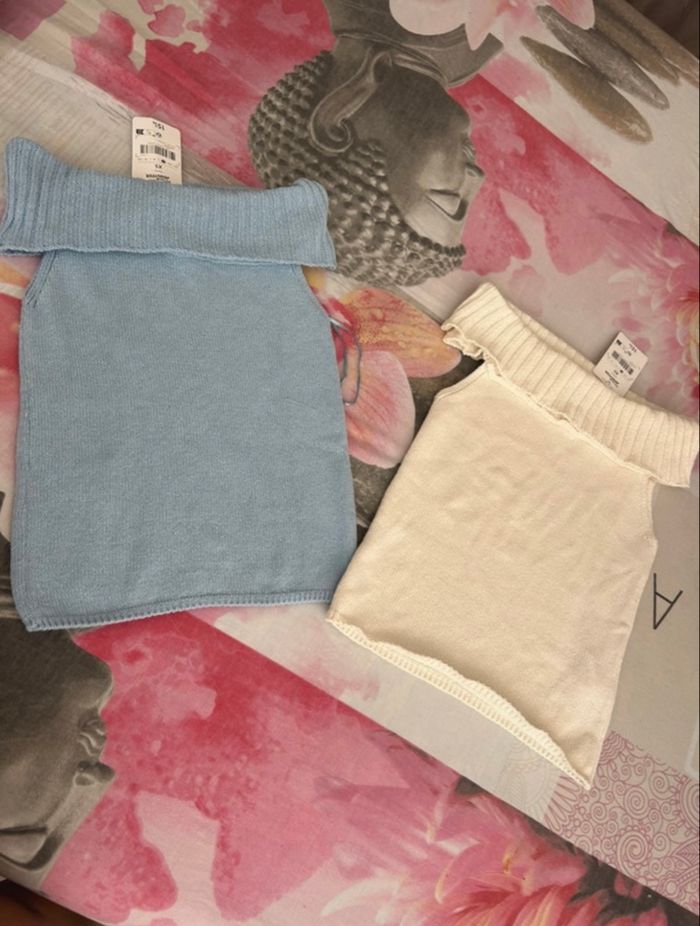 Top bleu ciel et écru