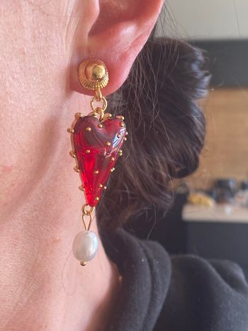 Boucles d’oreilles cœur rouge & perles - esprit romantique chic 