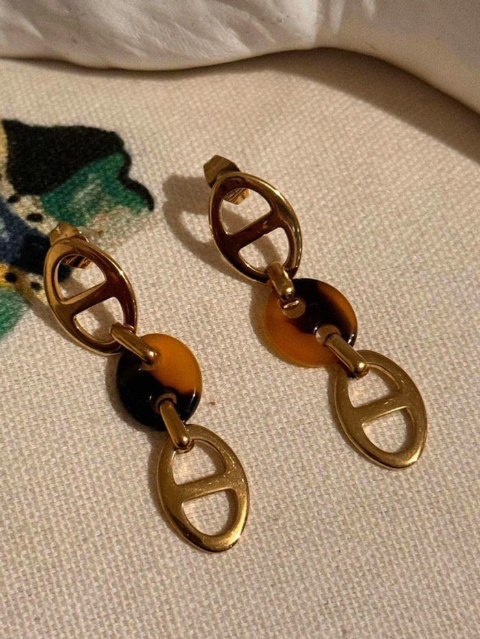 Boucle d’oreilles maillons farandole acier inoxydable or et résine léopard neuve - photo numéro 3