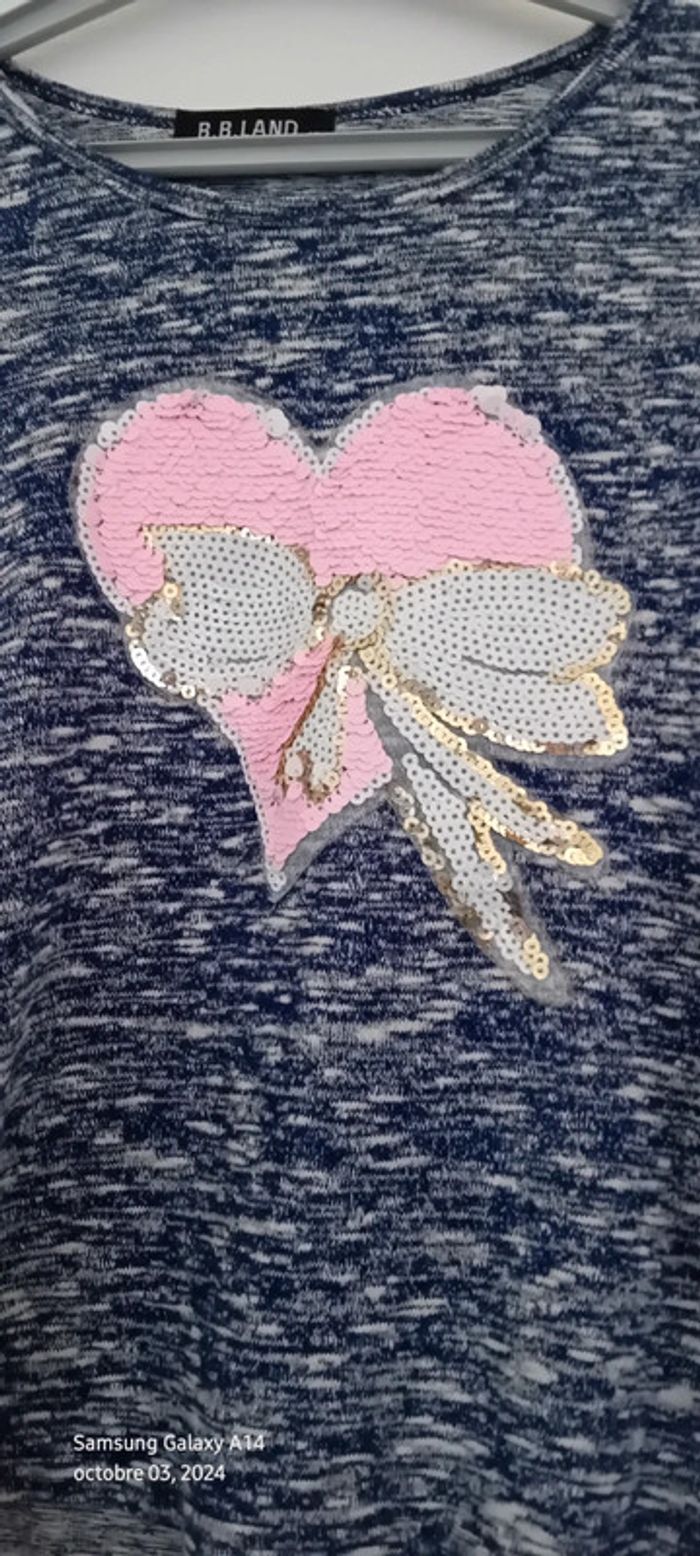 Pull fin motif cœur et noeud en sequins bleu fille 12 ans BB.Land - photo numéro 6