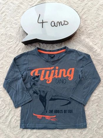 Tee shirt manches longues Garçon 4 ans Dinosaure skateboard Flying Kiabi 100% coton