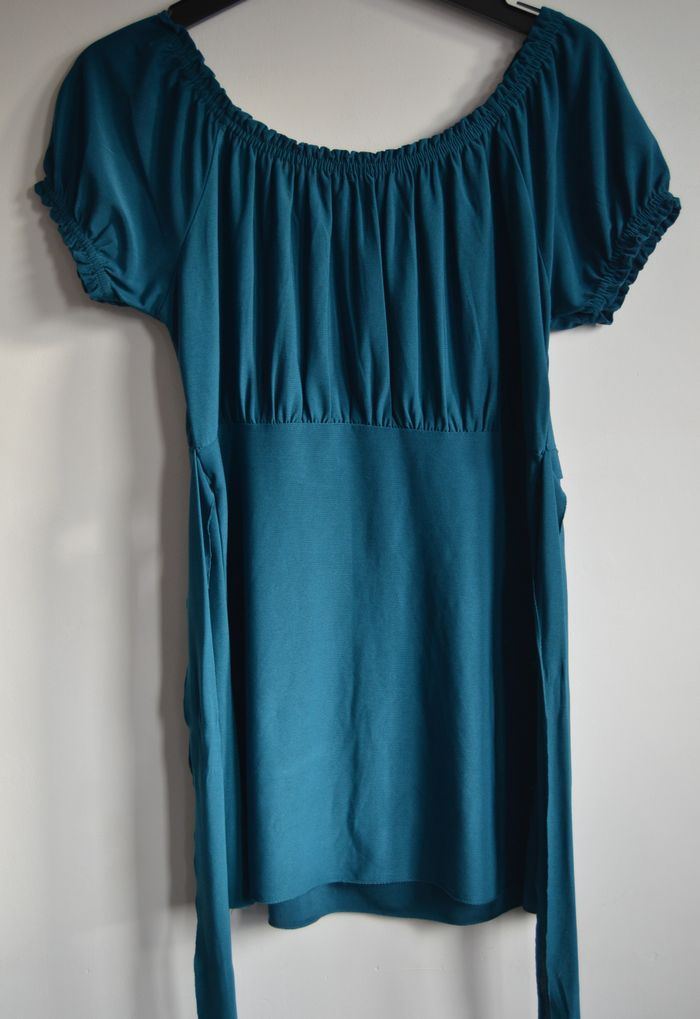 Haut Belle & Coeur Paris bleu canard manches courtes col élastiqué ceinturé - photo numéro 4