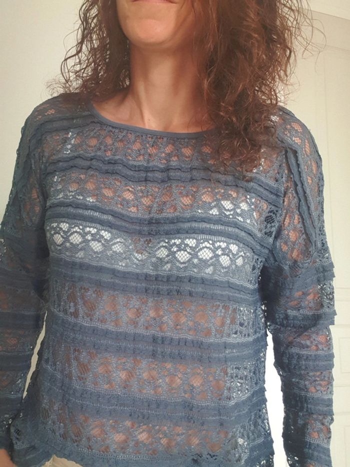 Haut femme manches longues sexy bleu transparent genre crochet taille 36 - photo numéro 2