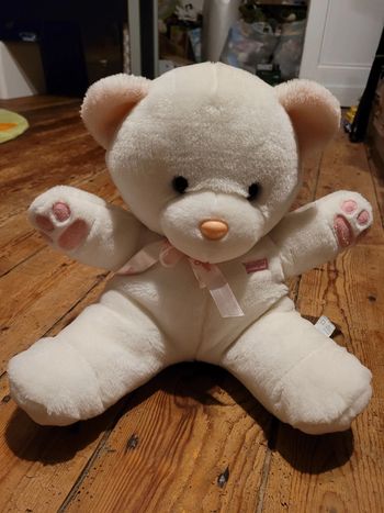 RARE Gros Ours Boulgom Made in France rose blanc 40cm nœud ruban peluche collection