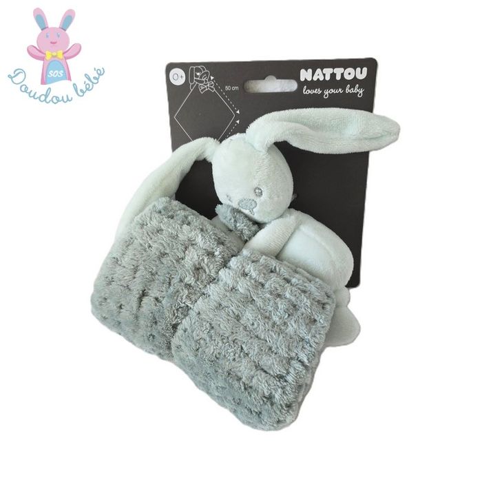 Doudou Lapin Lapidou vert d'eau couverture gaufré NATTOU
