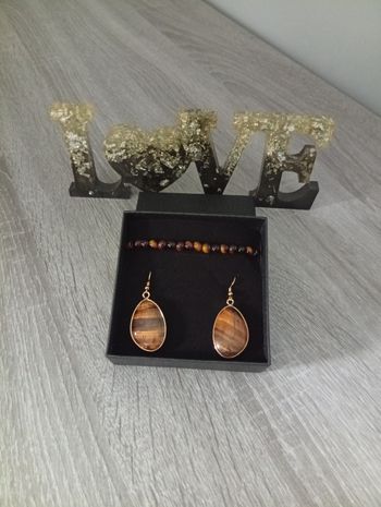 Joli ensemble boucles d'oreilles+bracelet en pierre naturelle oeil du tigre