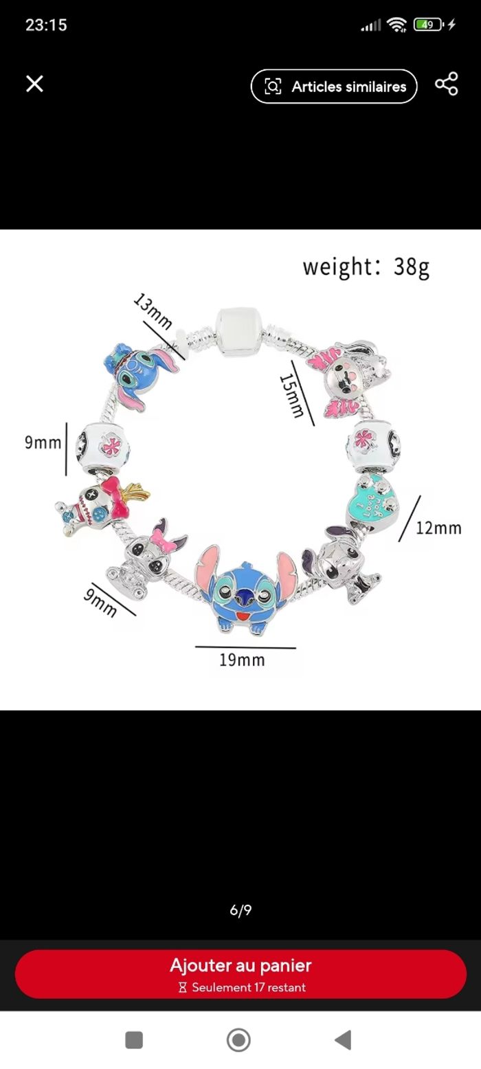 Bracelet 19 cm stitch Disney neuf avec charm magnifique - photo numéro 3