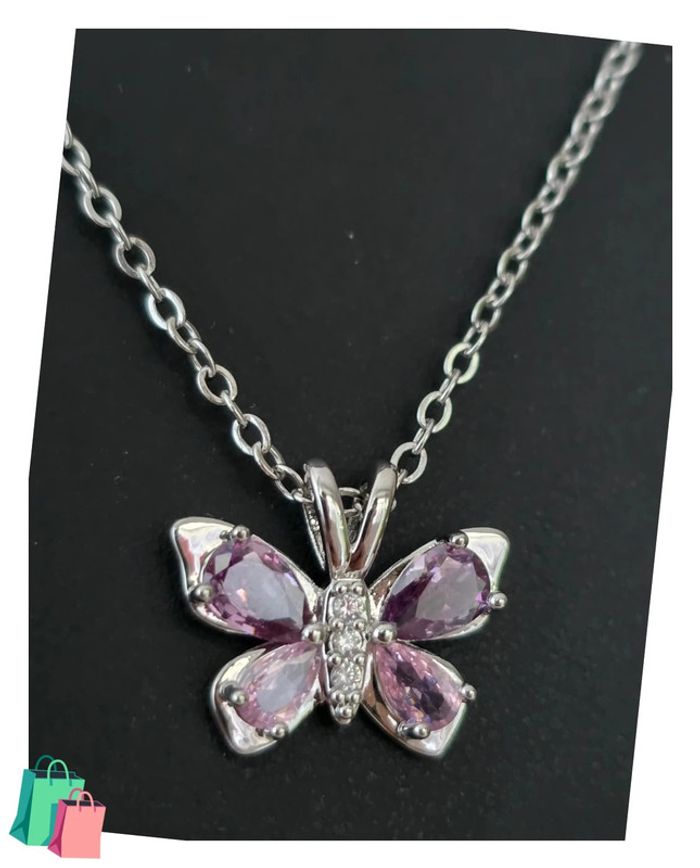 Collier maille jaseron pendentif papillon rose avec pierre d'ornement acier inoxydable - photo numéro 7