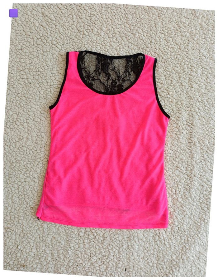Top rose fluo et noir avec nœud en tulle vintage sexy