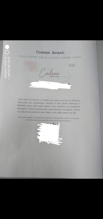 Carte cadeau Comme Avant d'une valeur de 50€