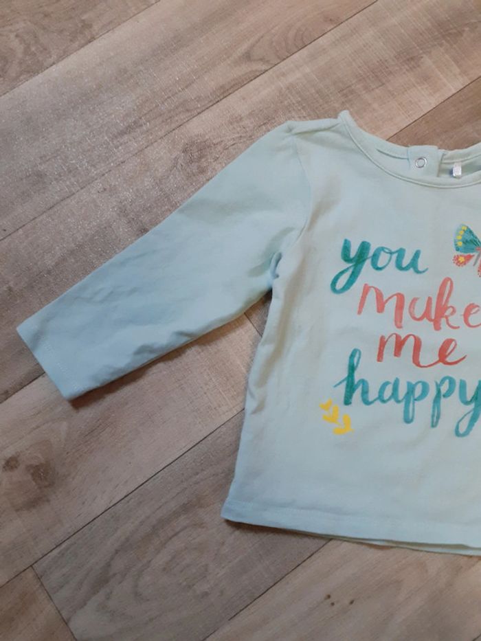 T-shirt fille manches longues turquoise papillon 12 mois neuf - photo numéro 3