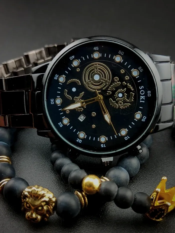 Montre noire métallique, duo bracelets perles - photo numéro 5