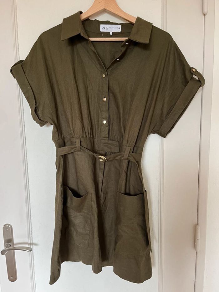 🌿 Robe courte Zara en lin kaki - Taille L 🌿 - photo numéro 2