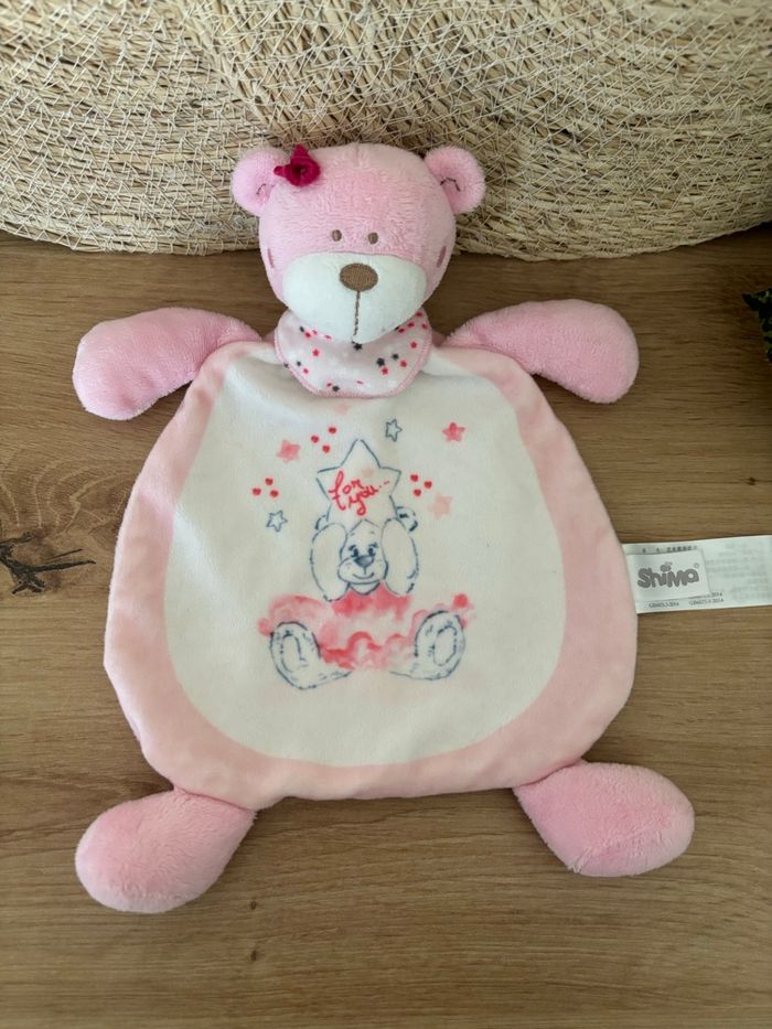Doudou plat ours rose blanc for you shima