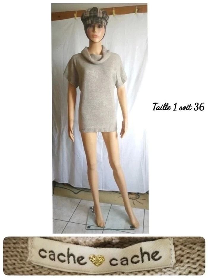Tunique en maille beige & argenté T. 36 Cache Cache 💮 90% Acrylique 6% Polyester 4% Fils métallisés