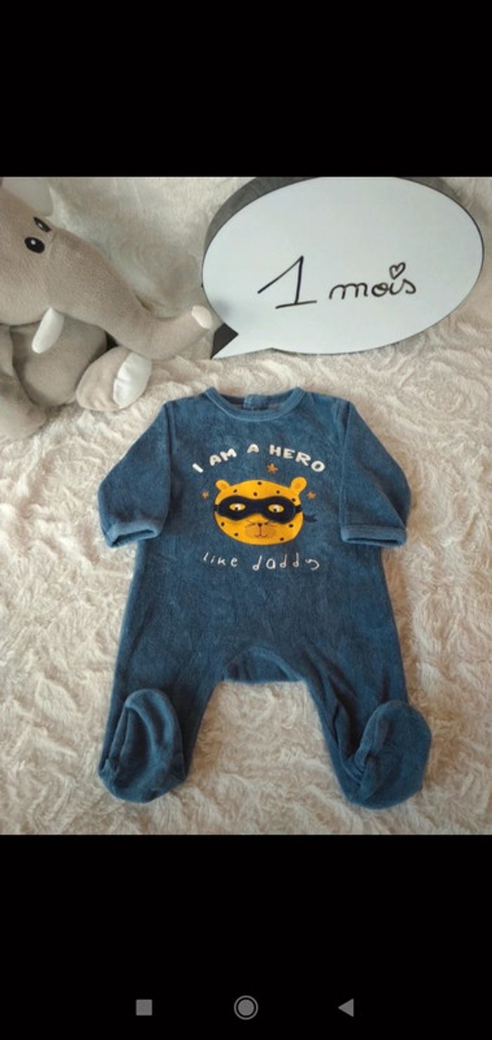 Pyjama grenouillère velours Garçon 1 mois hero like Daddy Papa Ours masqué Eco conception coton bio
