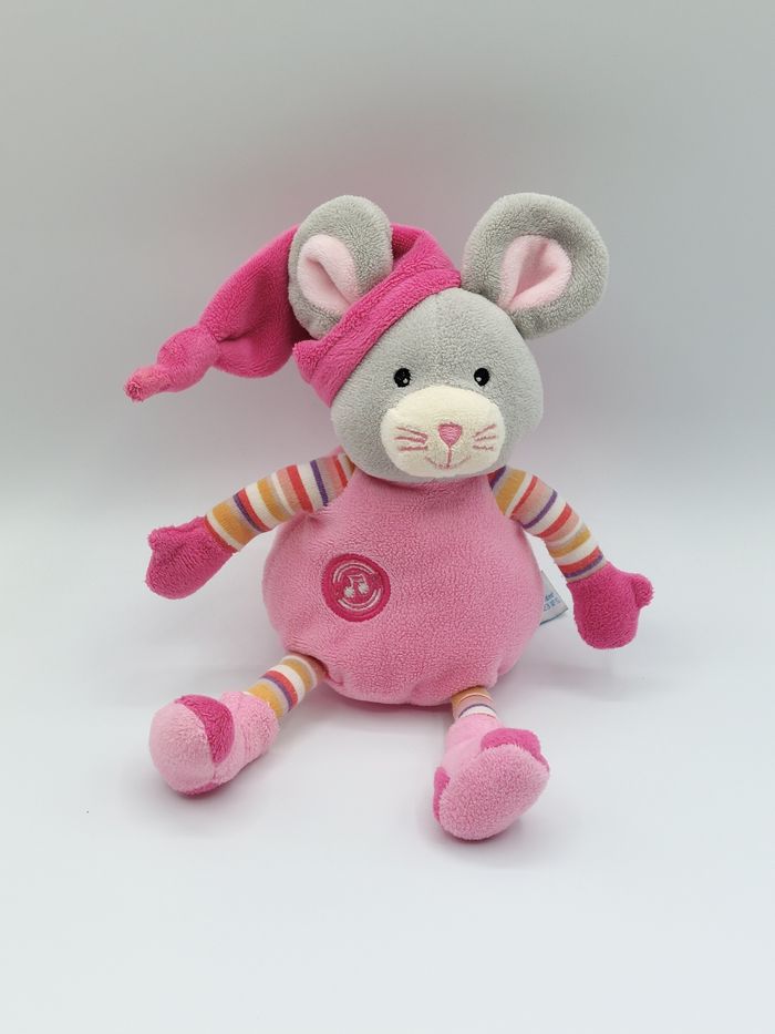 Peluche doudou souris rose gris GIPSY rayures 21 cm - le son ne fonctionne plus