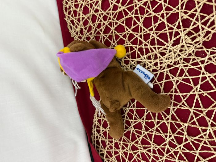 Doudou Ours brun marron couché Bonnet mauve POMMETTE - photo numéro 2