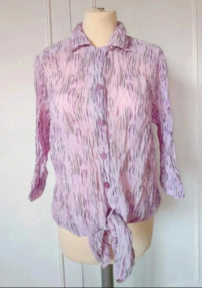 💗Chemise femme vintage 60s voile épaulette femme  rose lila mauve imprimé été t l 40 xl 42