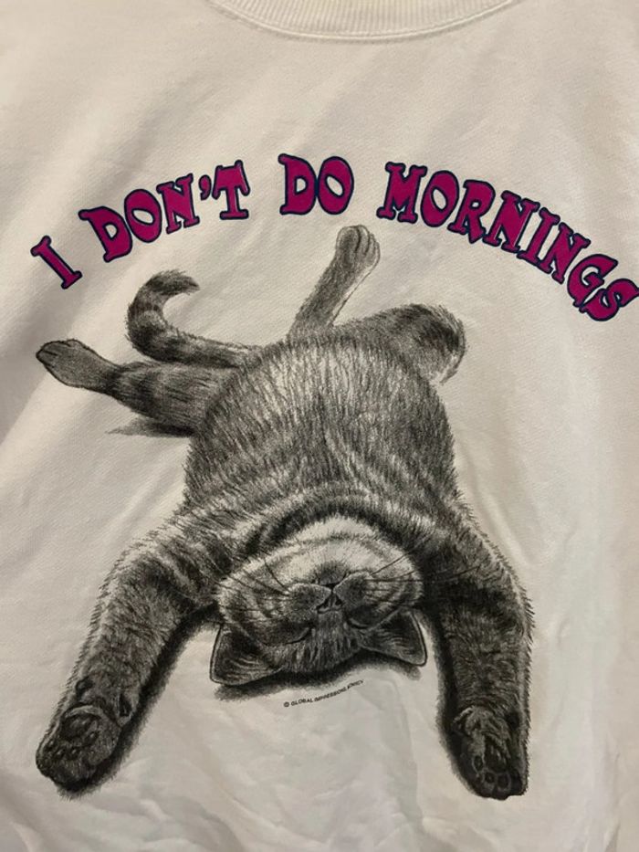 Mid-1990s "I Don't Do Mornings" Cat Print Sweater Womens Large - photo numéro 2