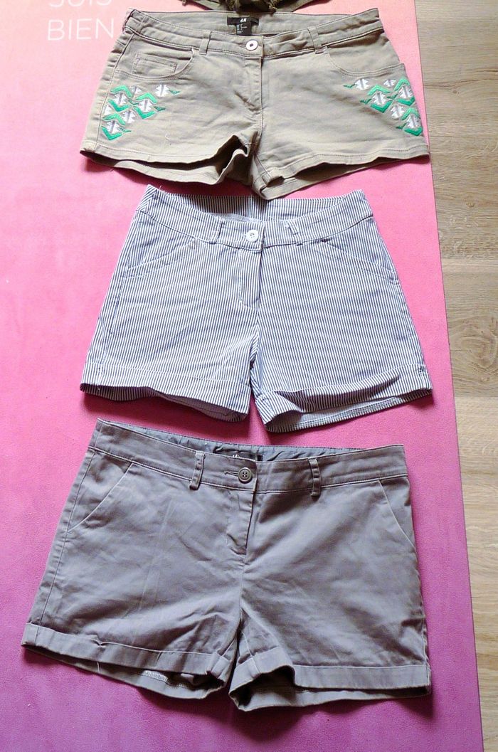 Short femme S 36 H&M Mim Gemo lot TBE gris beige rayé
