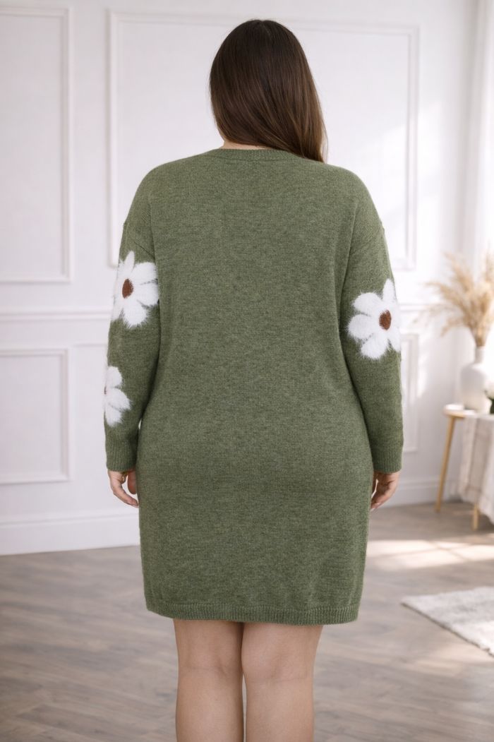 Robe pull en tricot vert militaire au motif marguerites sur les manches Femme taille 54 marque Asos 💍 - photo numéro 2