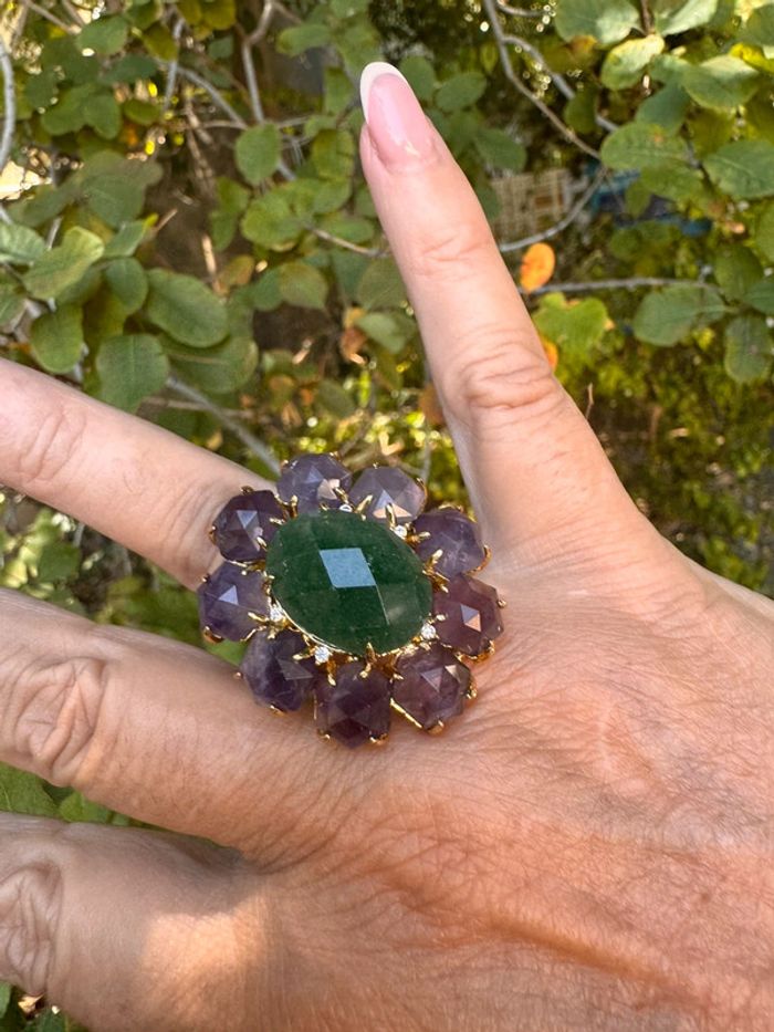 Bague xxl régi habaha Paris aventurine et améthyste serties acier inoxydable or - photo numéro 4