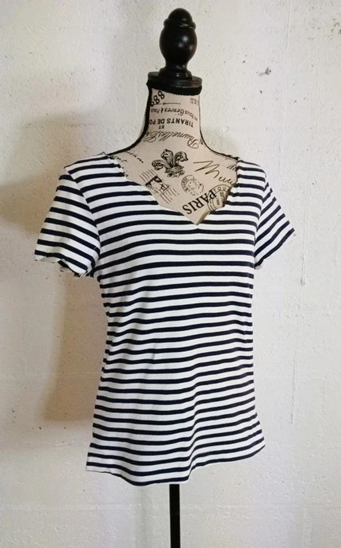 T-shirt rayé marine & blanc Camaïeu Taille L Bon état