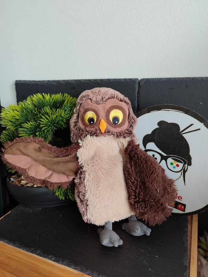 doudou marionnette hibou ikea marron beige gris chouette Jaune Orange 3443