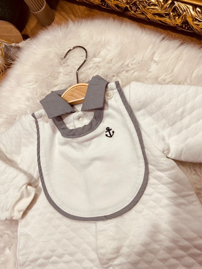 Taille 1 mois salopette barboteuse molletonné garçon blanche * col bavoir * 💙 - photo numéro 2