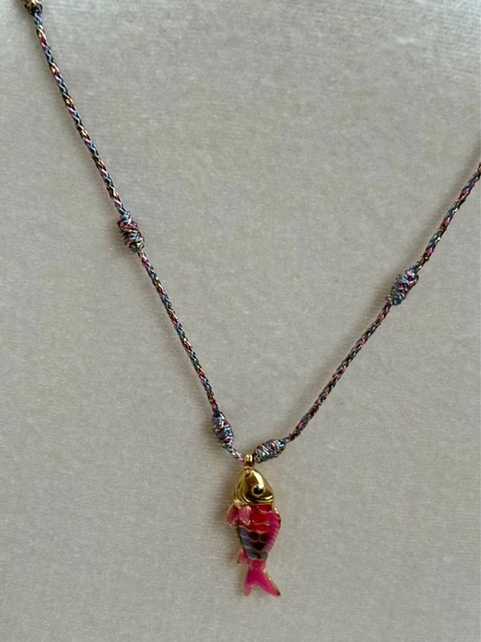 Collier cordon tressé  chaîne réglable et poissons acier inoxydable or habaha Paris - photo numéro 2