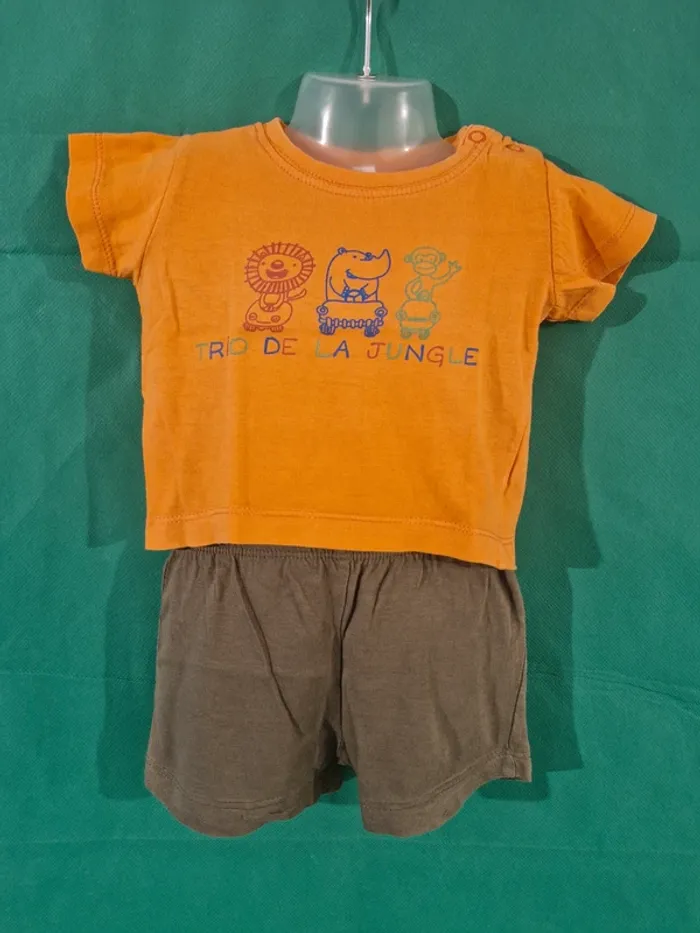 Ensemble bébé “Trio de la jungle” (t-shirt + short) orange kaki 3 mois Sans marque