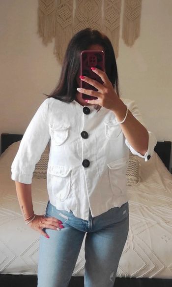 Magnifique veste en lin blanc Mango suit L 3 gros boutons noir classe chic décontracté