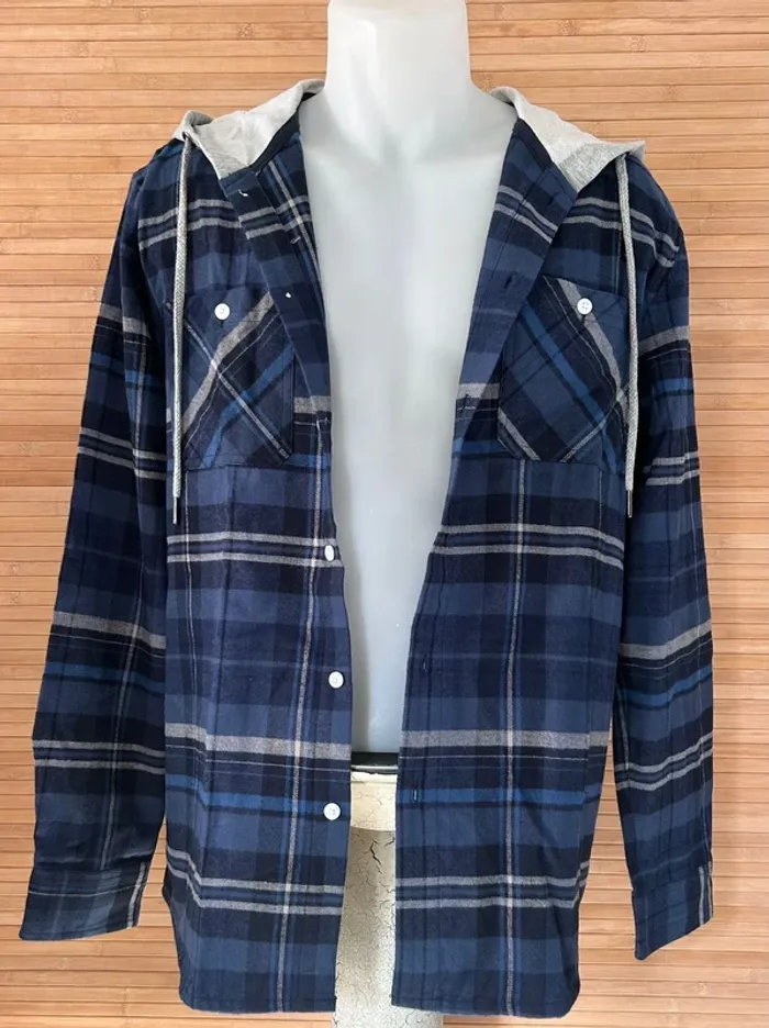 Chemise-veste en flanelle à capuche pour homme taille S bleu marine - photo numéro 3