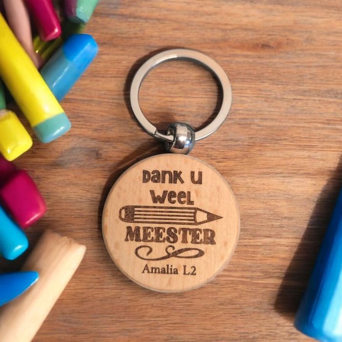 Porte-clés en bois rond Merci Maître néerlandais