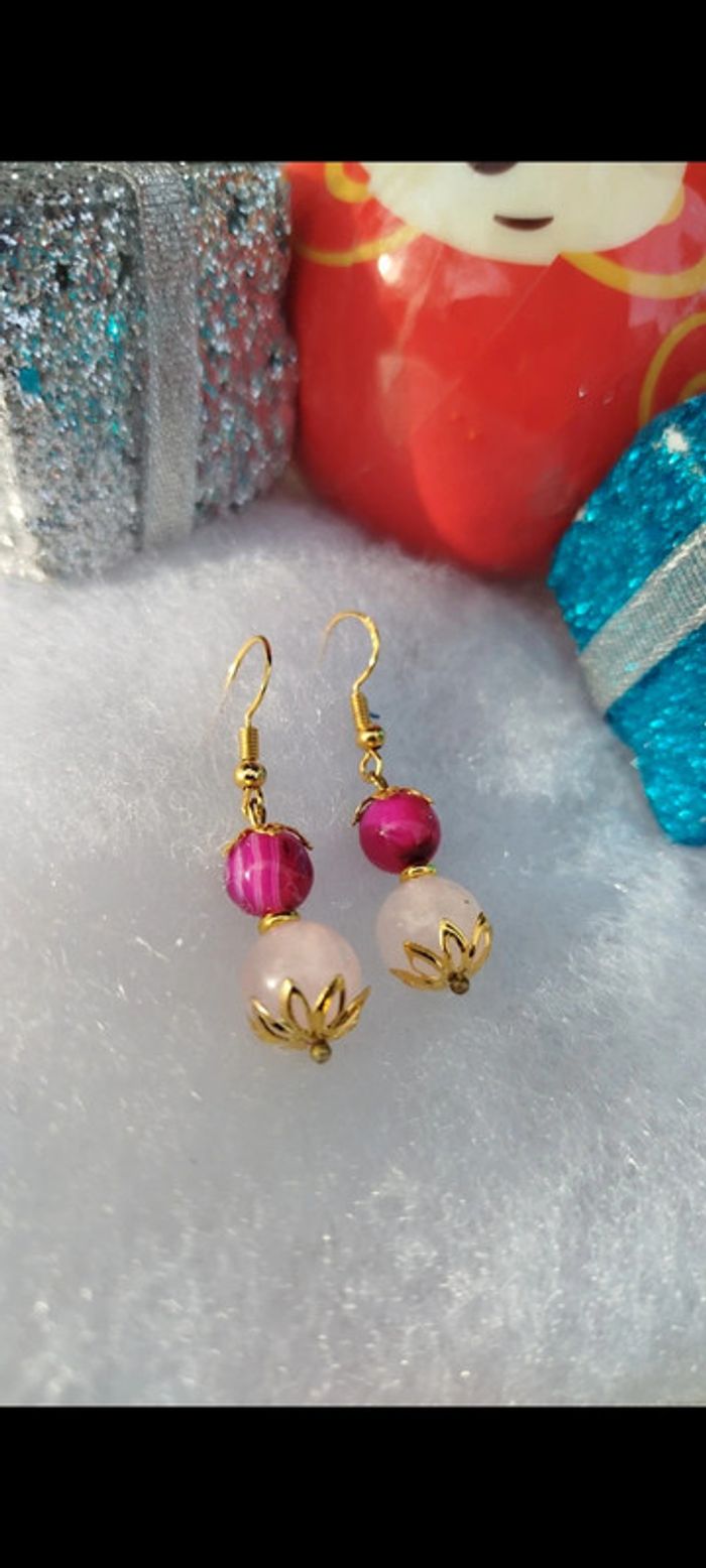 Boucles d'oreilles Agate Fushia/Quartz Rose. - photo numéro 2
