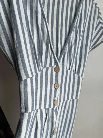 Joli robe tissu style lin à rayures bleues