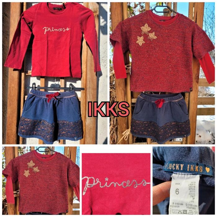 IKKS ensemble 3 pièces, jupe molleton+ haut manches longues et sweat court bordeaux et doré, 6 ans