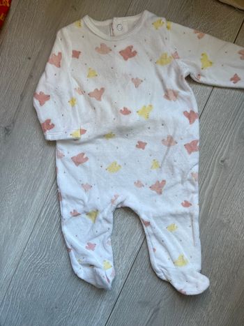 Pyjama velours Gémo "Petit oiseau" - Blanc & Rose - 3 mois (60 cm)