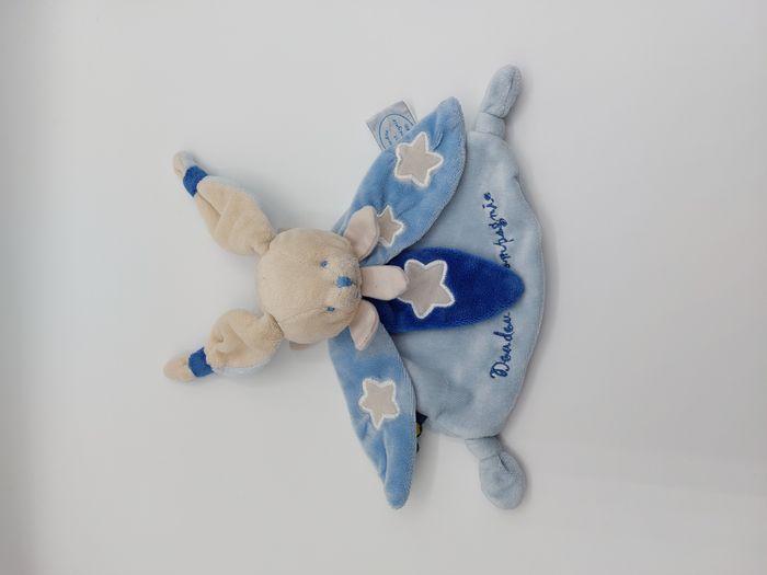 Doudou et Compagnie lapin plat bleu beige blanc luminescent étoiles DC2146 hibou