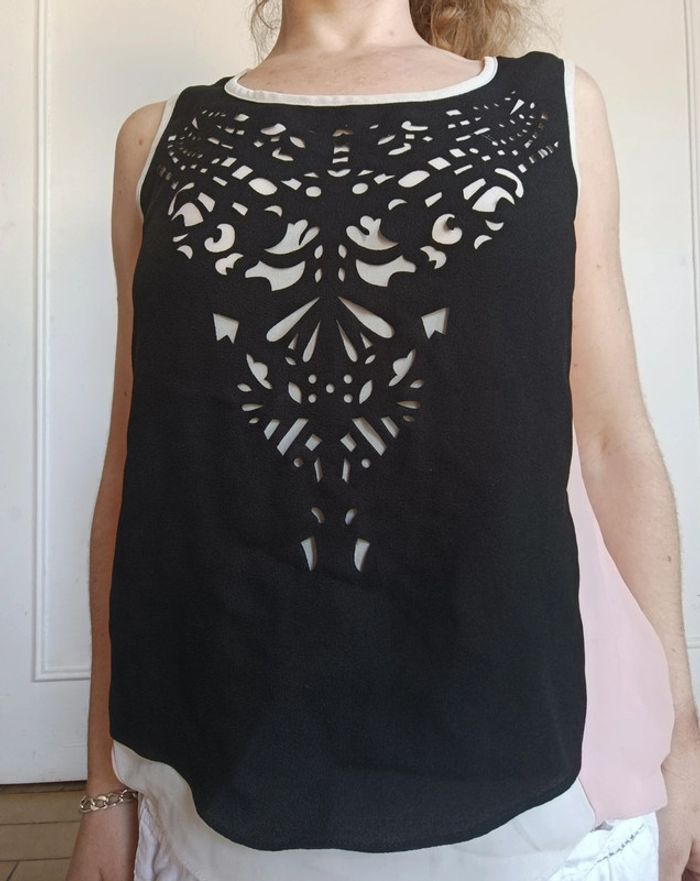 Débardeur femme rose blanc noir patchwork t s coco état impeccable