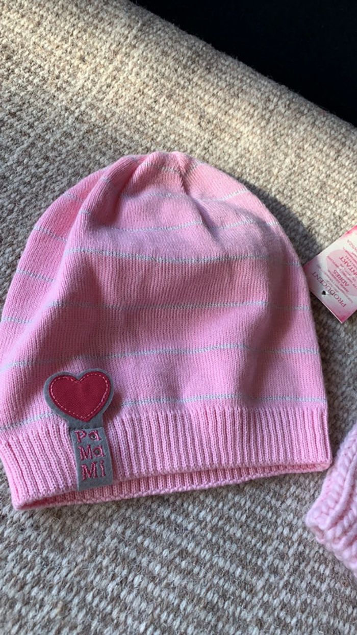 Lot bonnet rose et blanc fille 12 18 mois idée cadeau - photo numéro 2